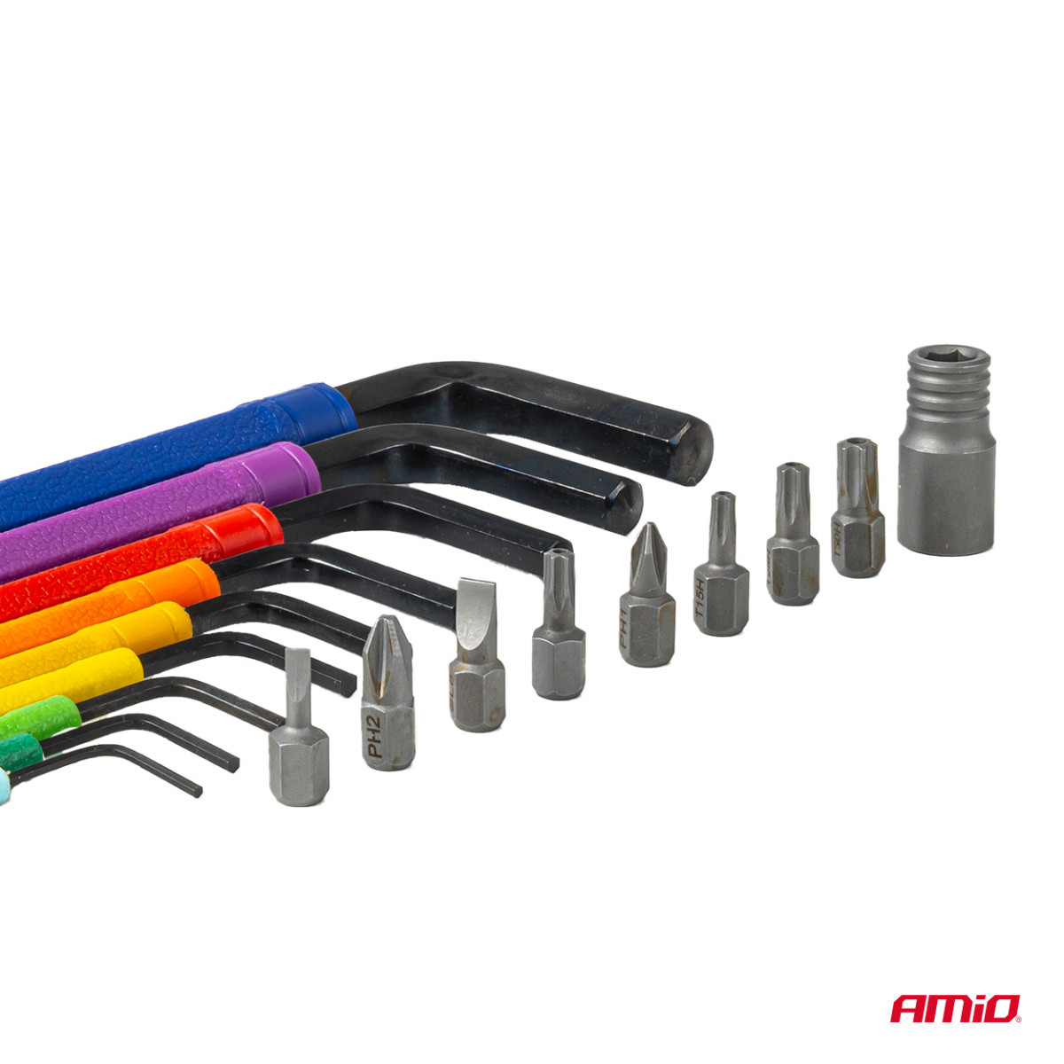 HEX (imbus) raktai su kamuoliuku ir antgalių komplektu, 18 vnt., CR-V AMIO-04787