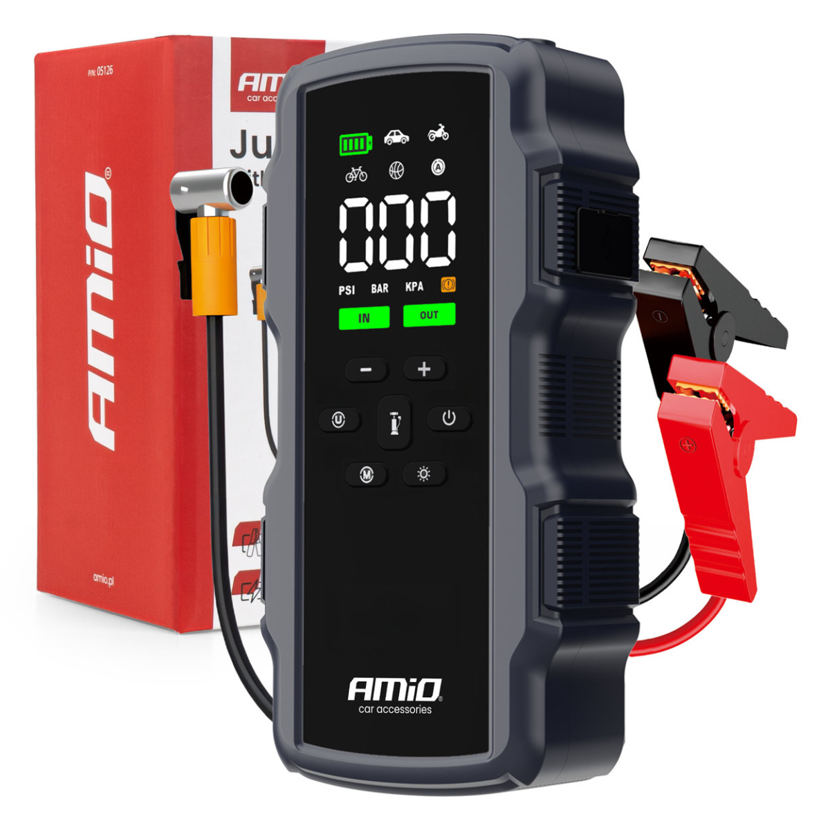 Užvedimo įrenginys 4 viename su kompresoriumi / Powerbank 12V 17Ah 900A, AMIO-05126