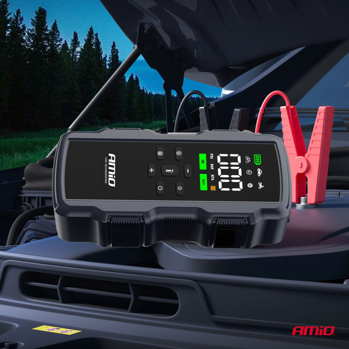 Užvedimo įrenginys 4 viename su kompresoriumi / Powerbank 12V 17Ah 900A, AMIO-05126