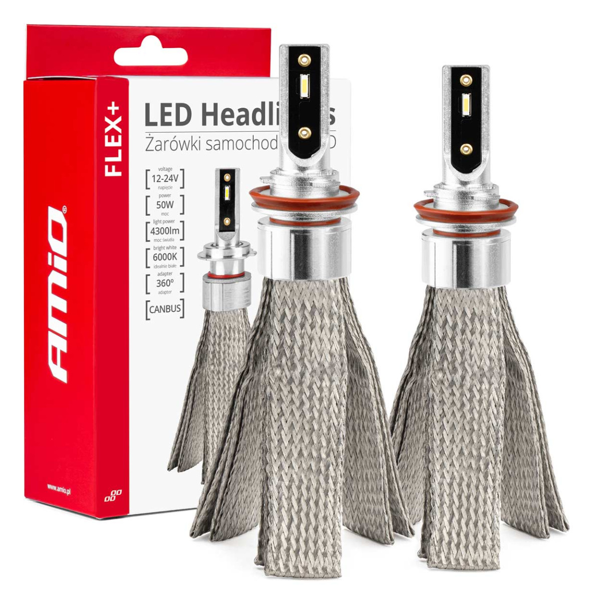 LED žibintų lemputės FLEX+ Series H8 H9 H11 H16 canbus 6000K 12-24V AMIO-03663