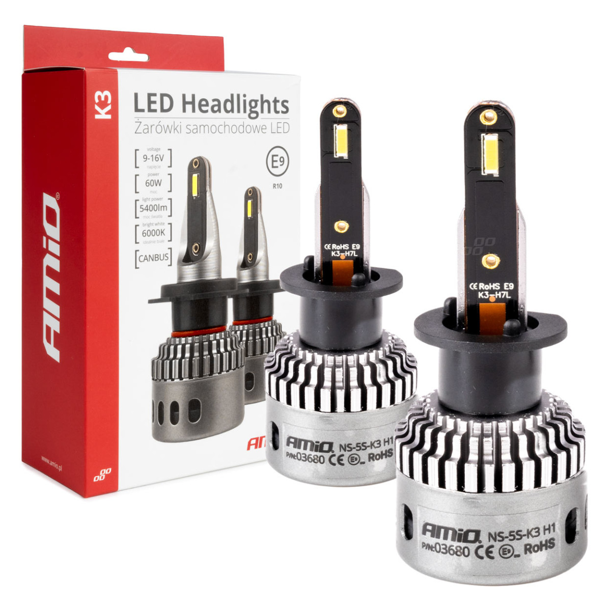 LED žibintų lemputės K3 Series H1 12V 6000K canbus AMIO-03680