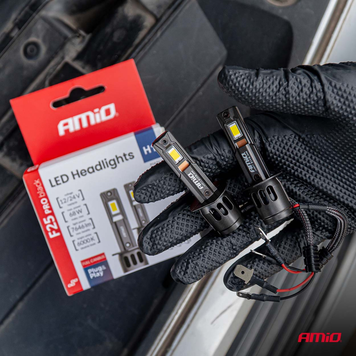 LED žibintų lemputės Series F25 PRO BLACK FULL CANBUS H1 68W 12V 24V AMIO-04717