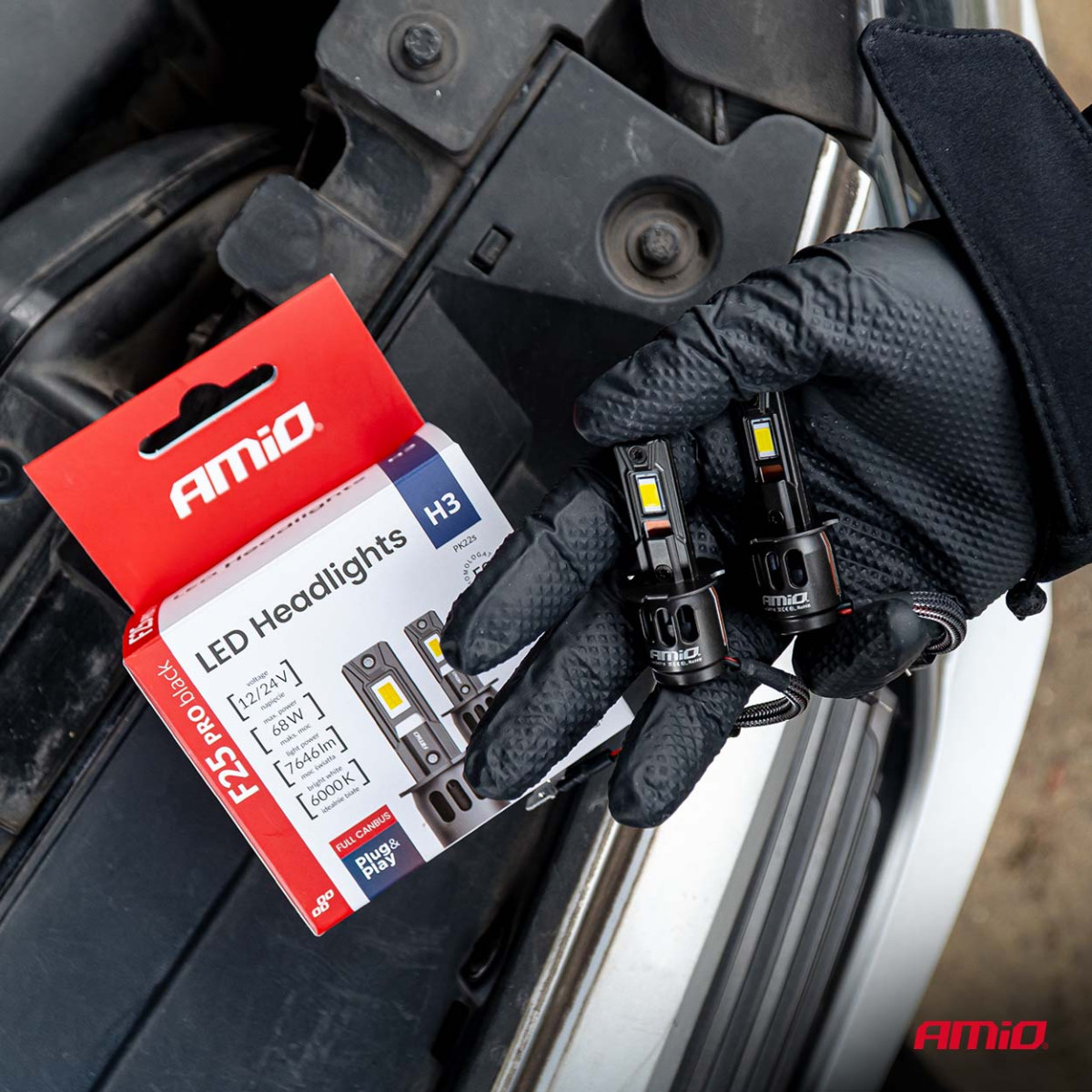 LED žibintų lemputės Series F25 PRO BLACK FULL CANBUS H3 68W 12V 24V, AMIO-04718