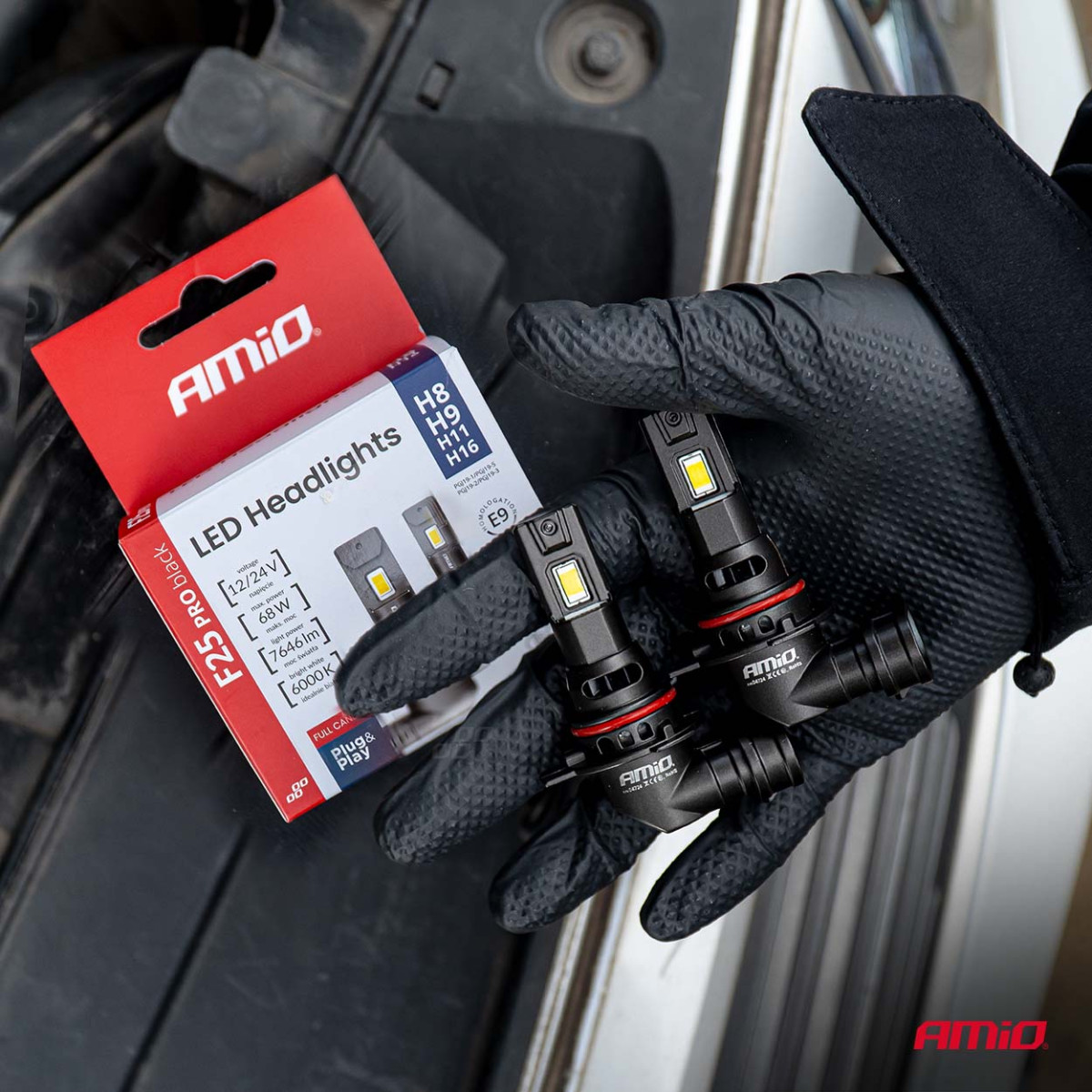 LED žibintų lemputės F25 PRO BLACK FULL CANBUS H8 H9 H11 H16 68W 12V 24V AMIO-04721