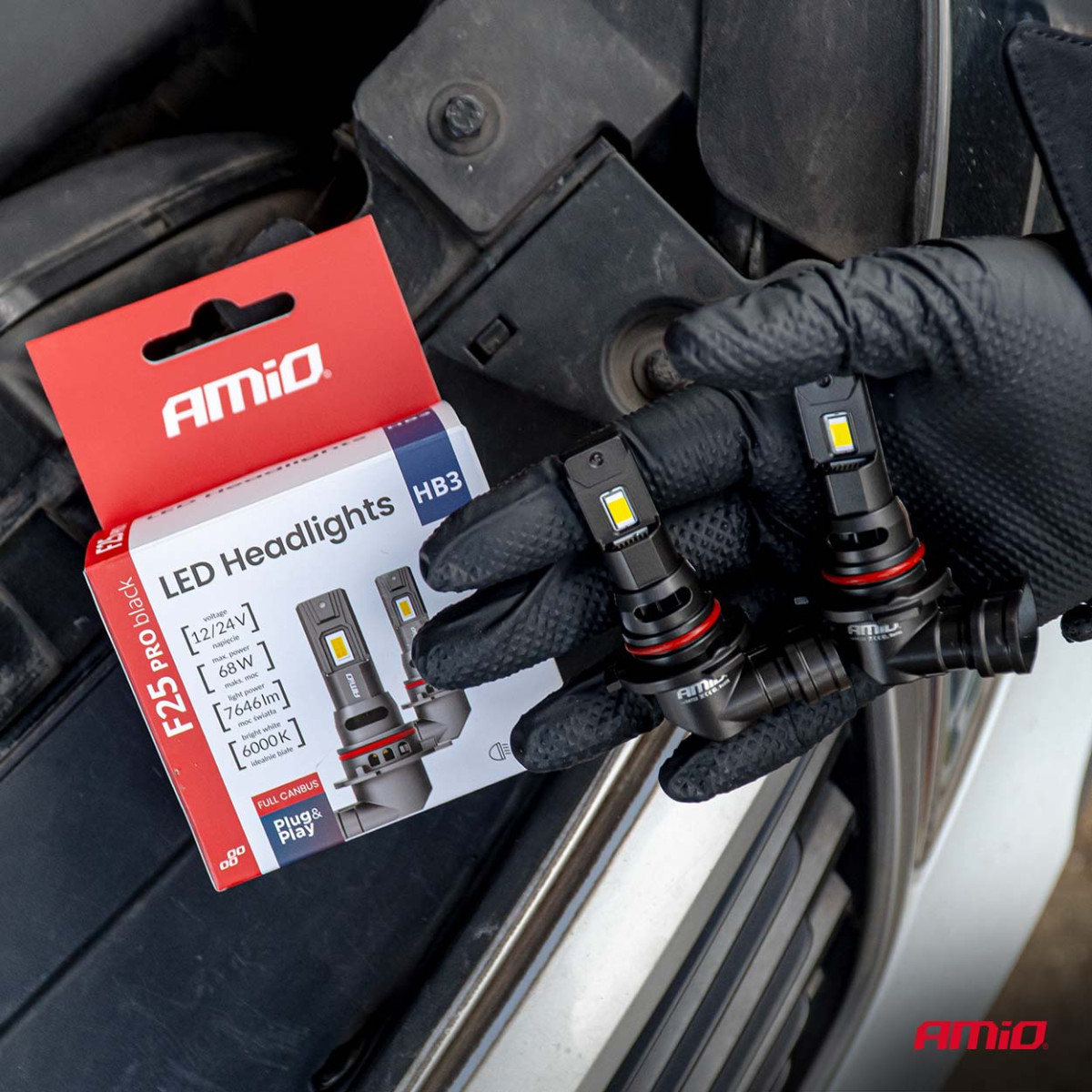 LED žibintų lemputės F25 PRO BLACK FULL CANBUS HB3 68W 12V 24V AMIO-04722