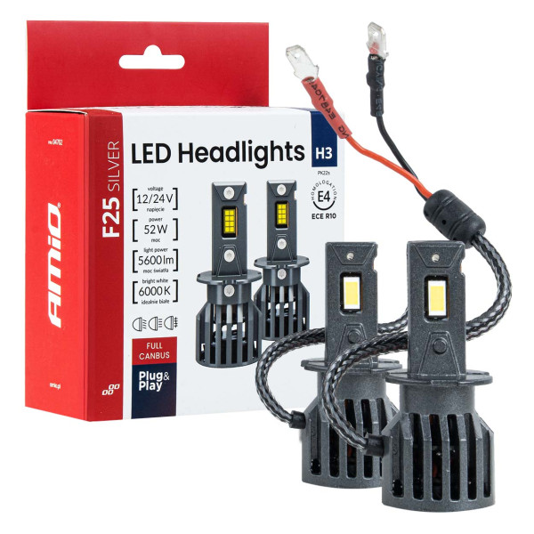 LED žibintų lemputės F25 SILVER FULL CANBUS H3 52W 12V 24V AMIO-04702