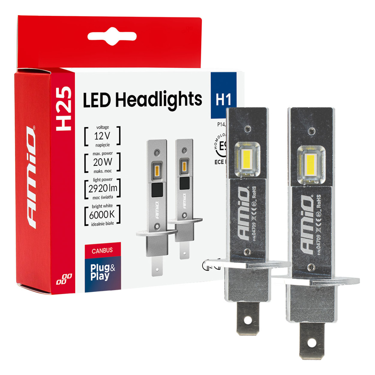 LED žibintų lemputės H25 CANBUS H1 12V 20W AMIO-04709