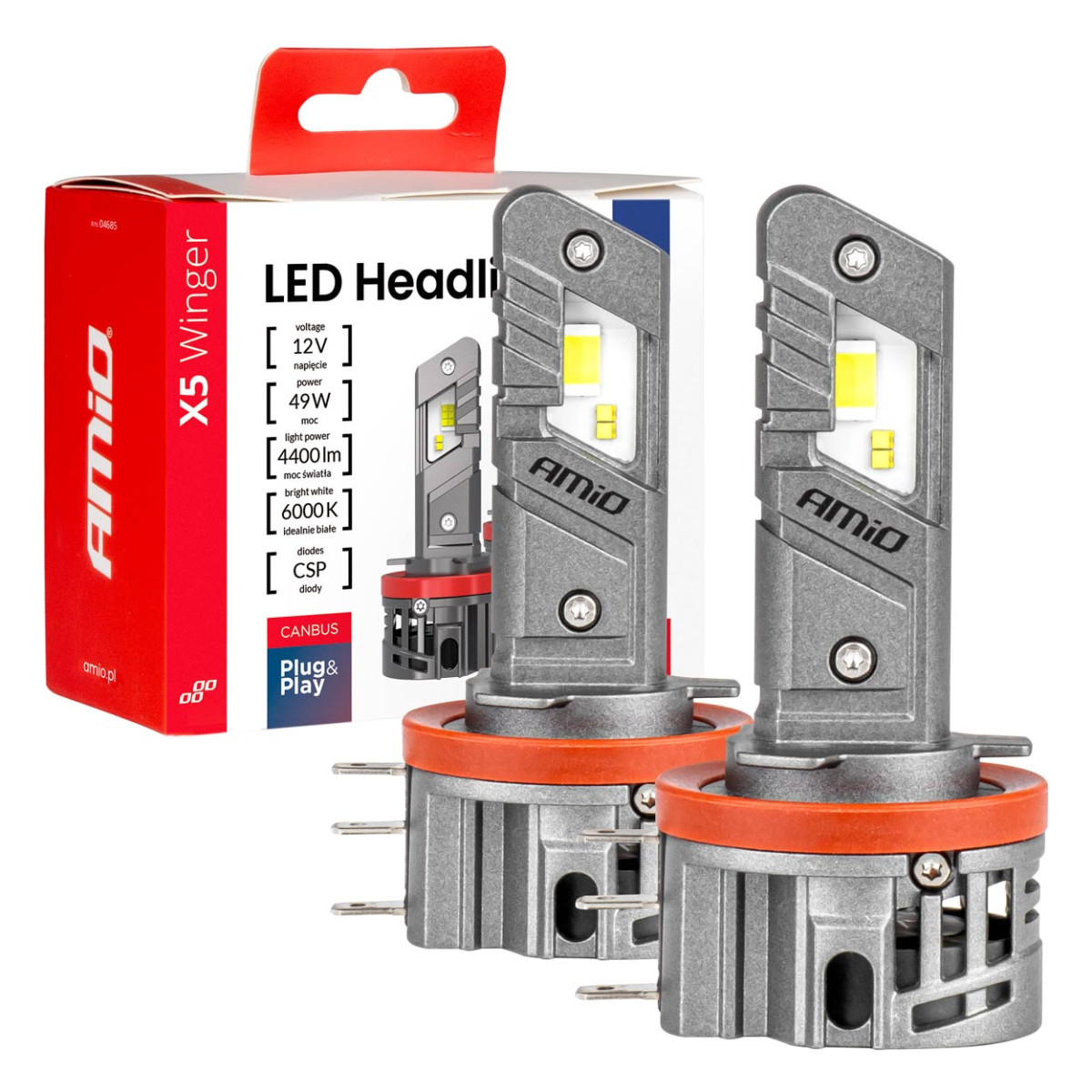 LED žibintų lemputės X5-series WINGER H15 49W 6000K CANBUS, AMIO-04685