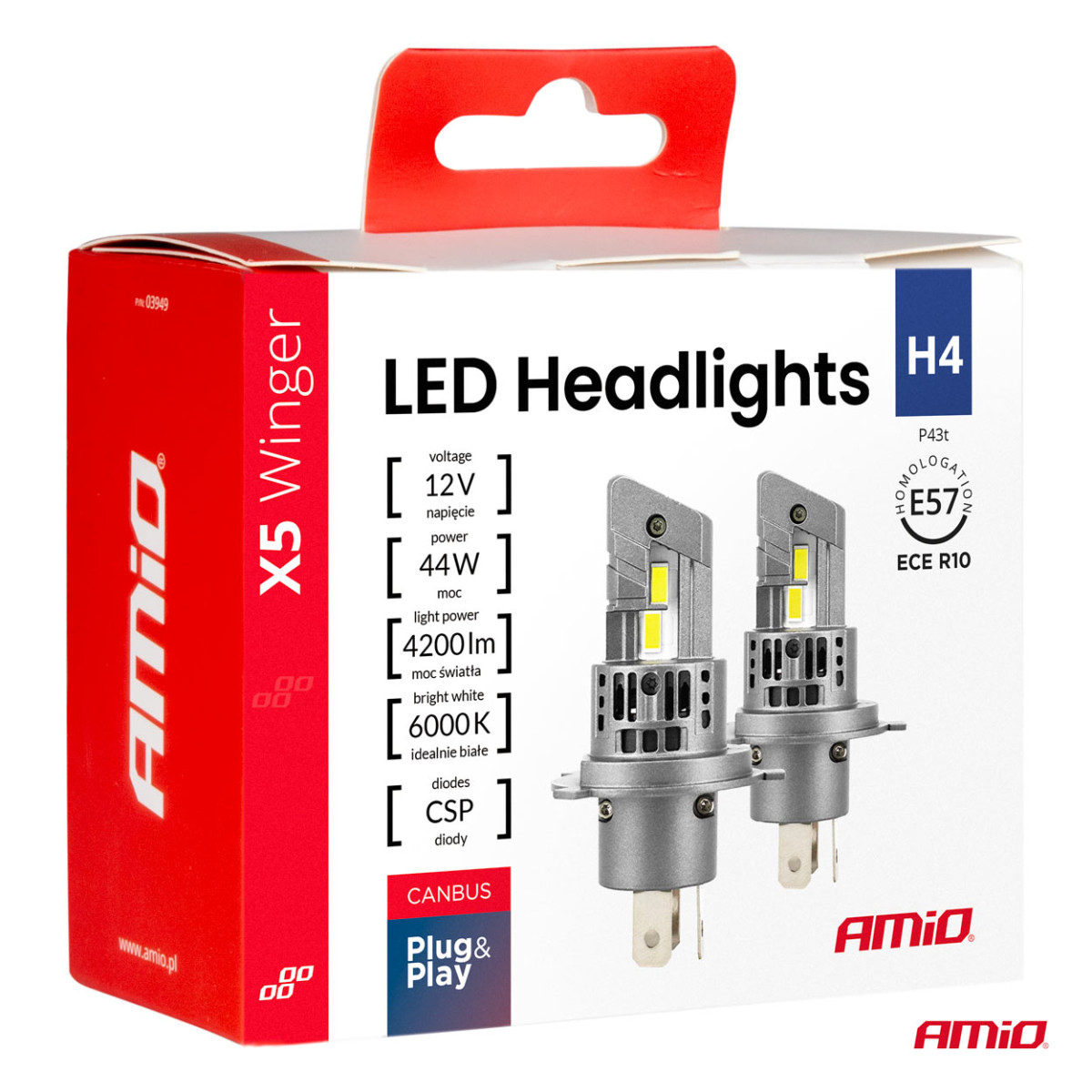 LED žibintų lemputės X5-series WINGER H4 6000K max 50W AMIO-03945