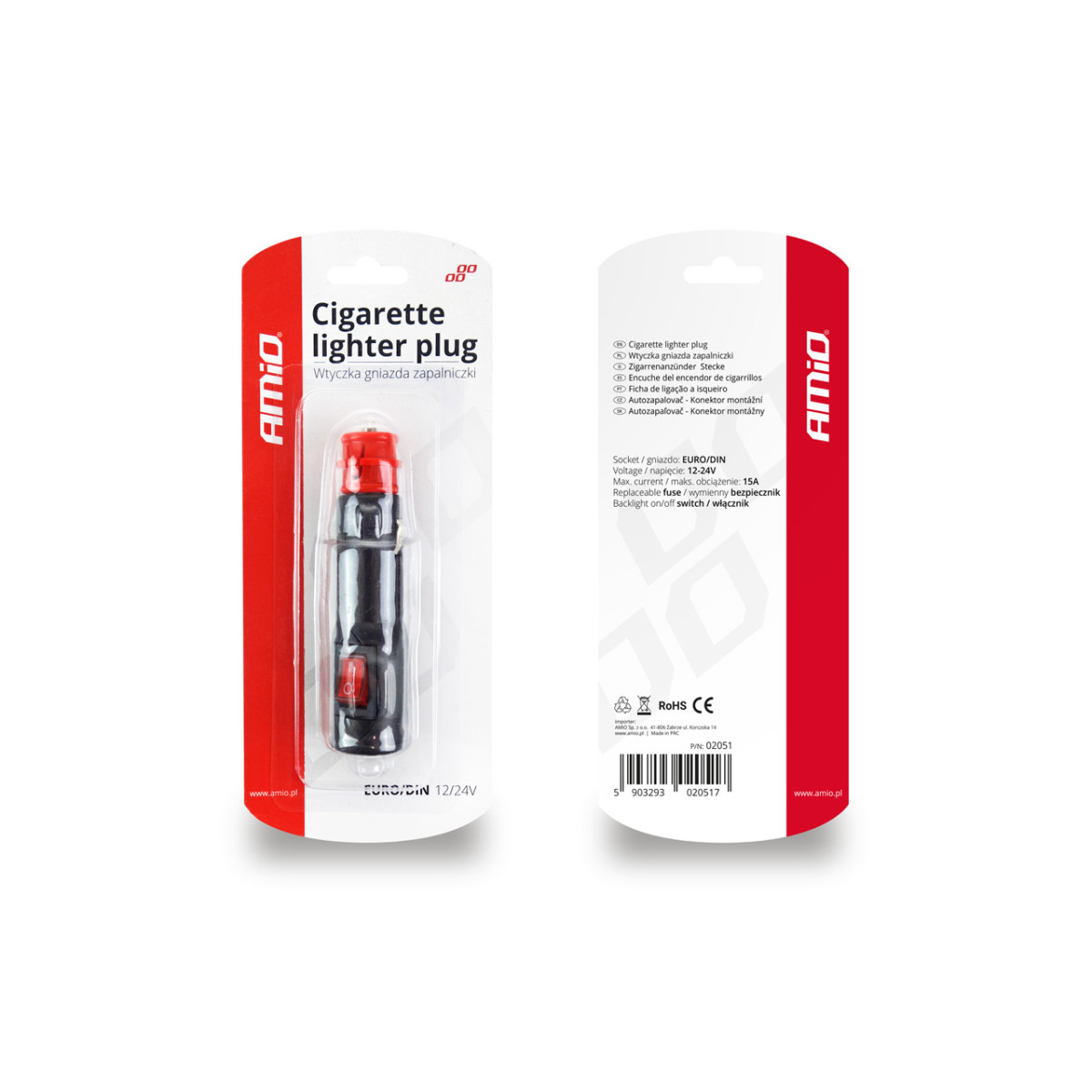 Cigarečių degiklio lizdo kištukas su jungikliu EURO/DIN 12/24V, AMIO-02051
