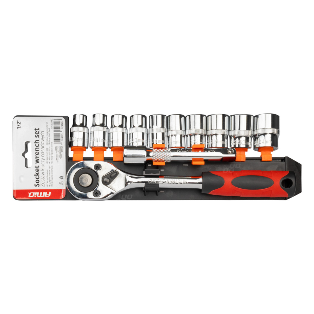 Reketinis raktas su galvutėmis 1/2" (10–24 mm), 11 vnt., AMIO-02412