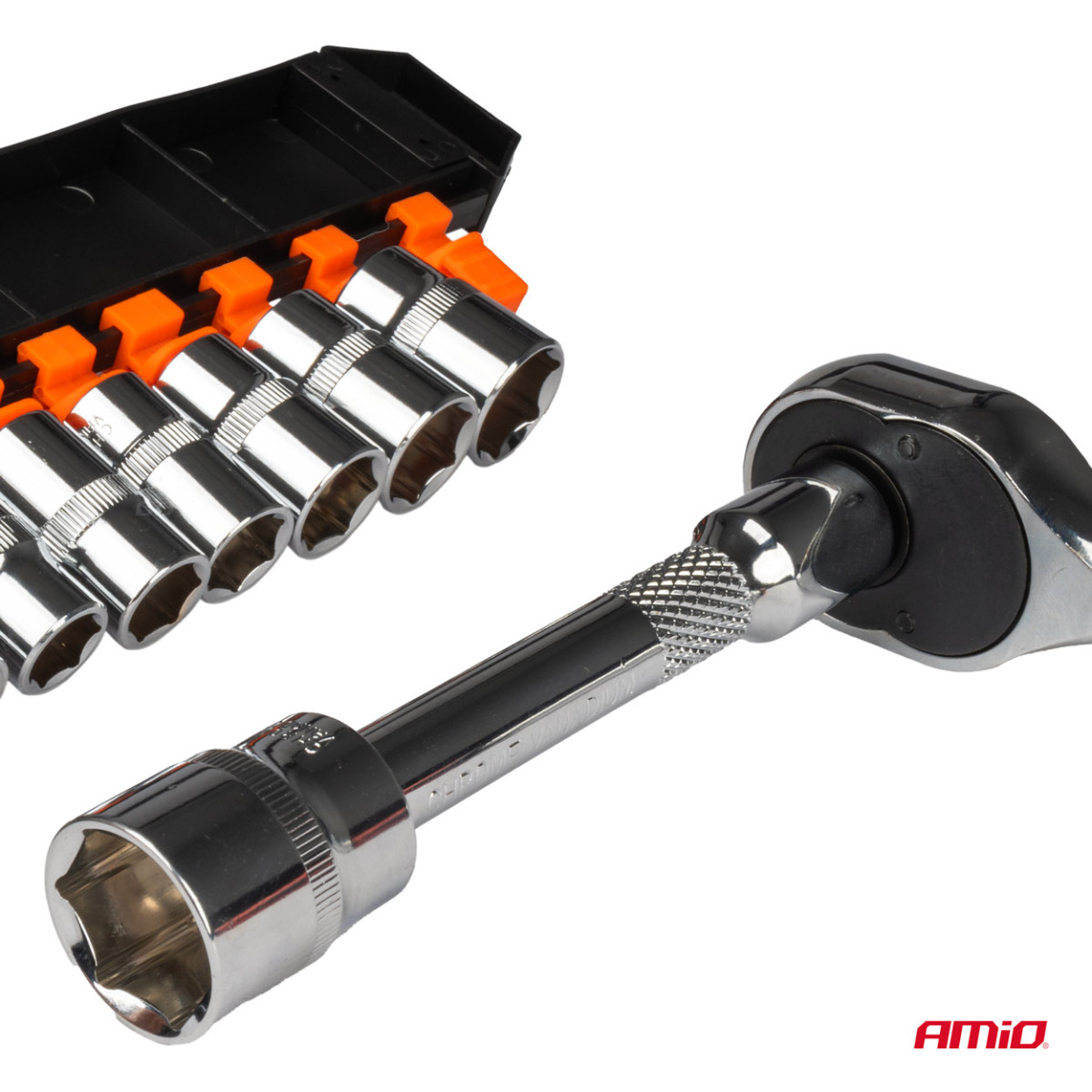 Reketinis raktas su galvutėmis 1/2" (10–24 mm), 11 vnt., AMIO-02412