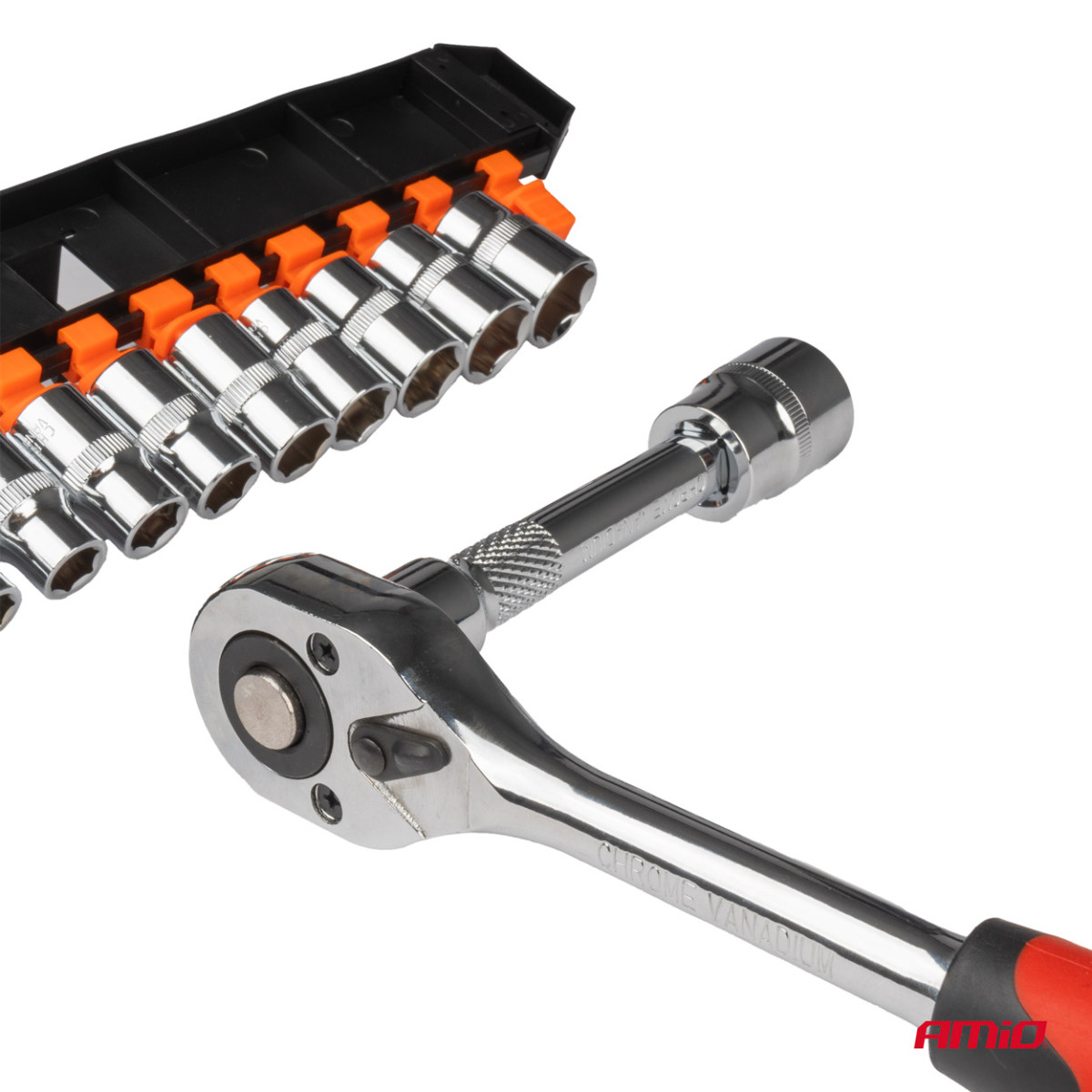 Reketinis raktas su galvutėmis 1/2" (10–24 mm), 11 vnt., AMIO-02412