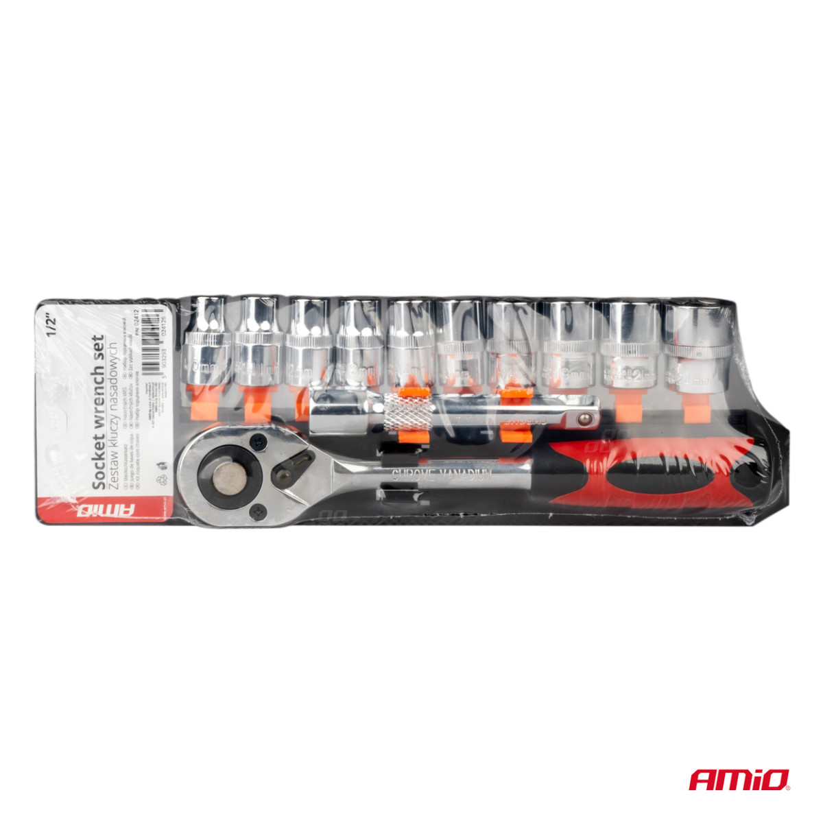 Reketinis raktas su galvutėmis 1/2" (10–24 mm), 11 vnt., AMIO-02412