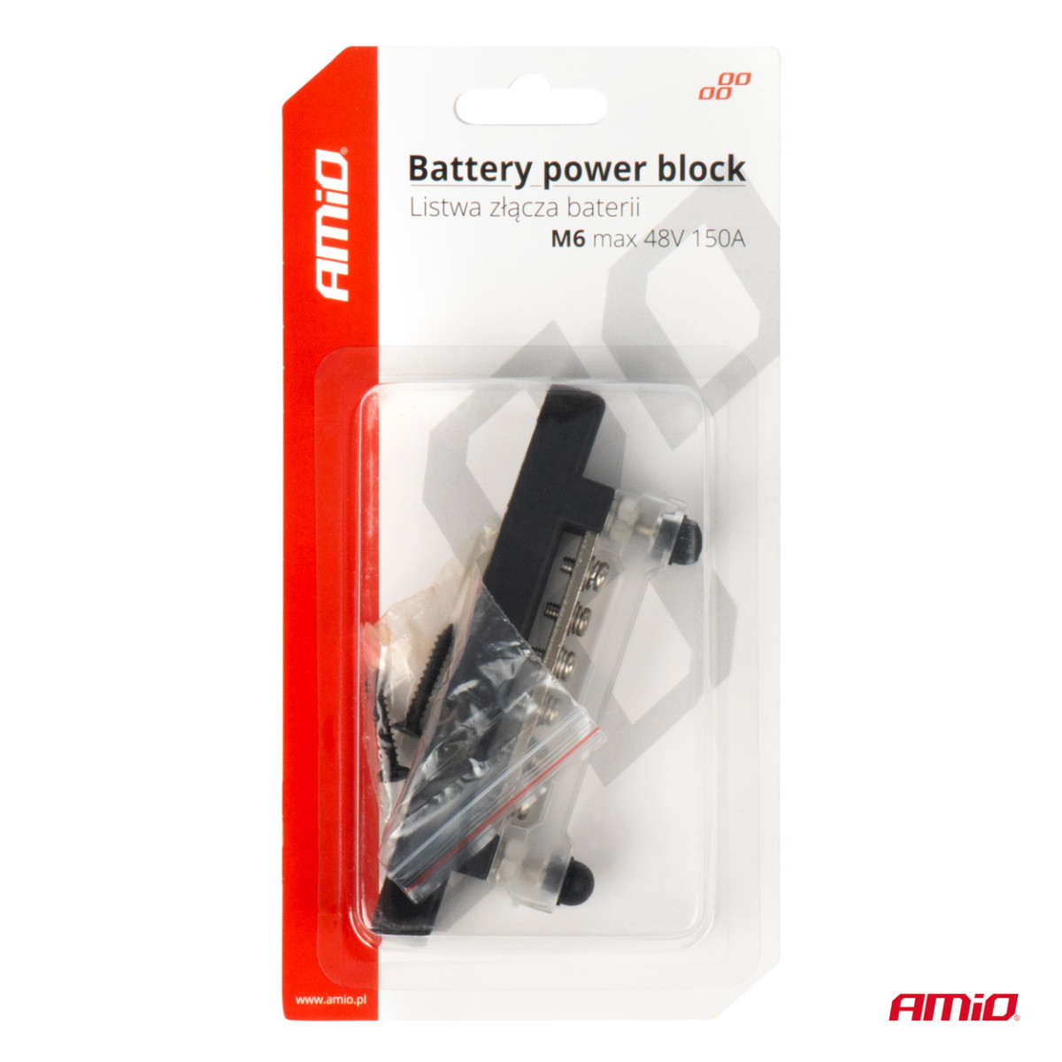 Neigiamo poliaus galios paskirstymo blokas su 6 M6 varžtais, Bus Bar 12/24/48V 150A, AMIO-03809