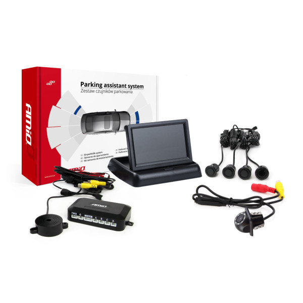 Parkavimo pagalbos sistema 4,3 TFT02 su FLIP-UP CAM-305 LED kamera, 4 juodi jutikliai GOLD 18 mm