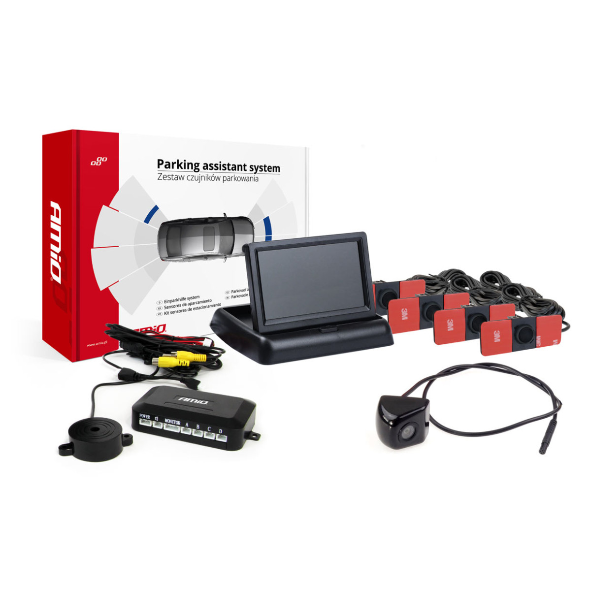 Parkavimo pagalbos sistema 4,3 TFT02 su FLIP-UP CAM-310 kamera, 4 juodi jutikliai, vidinis montavimas 16,5 mm