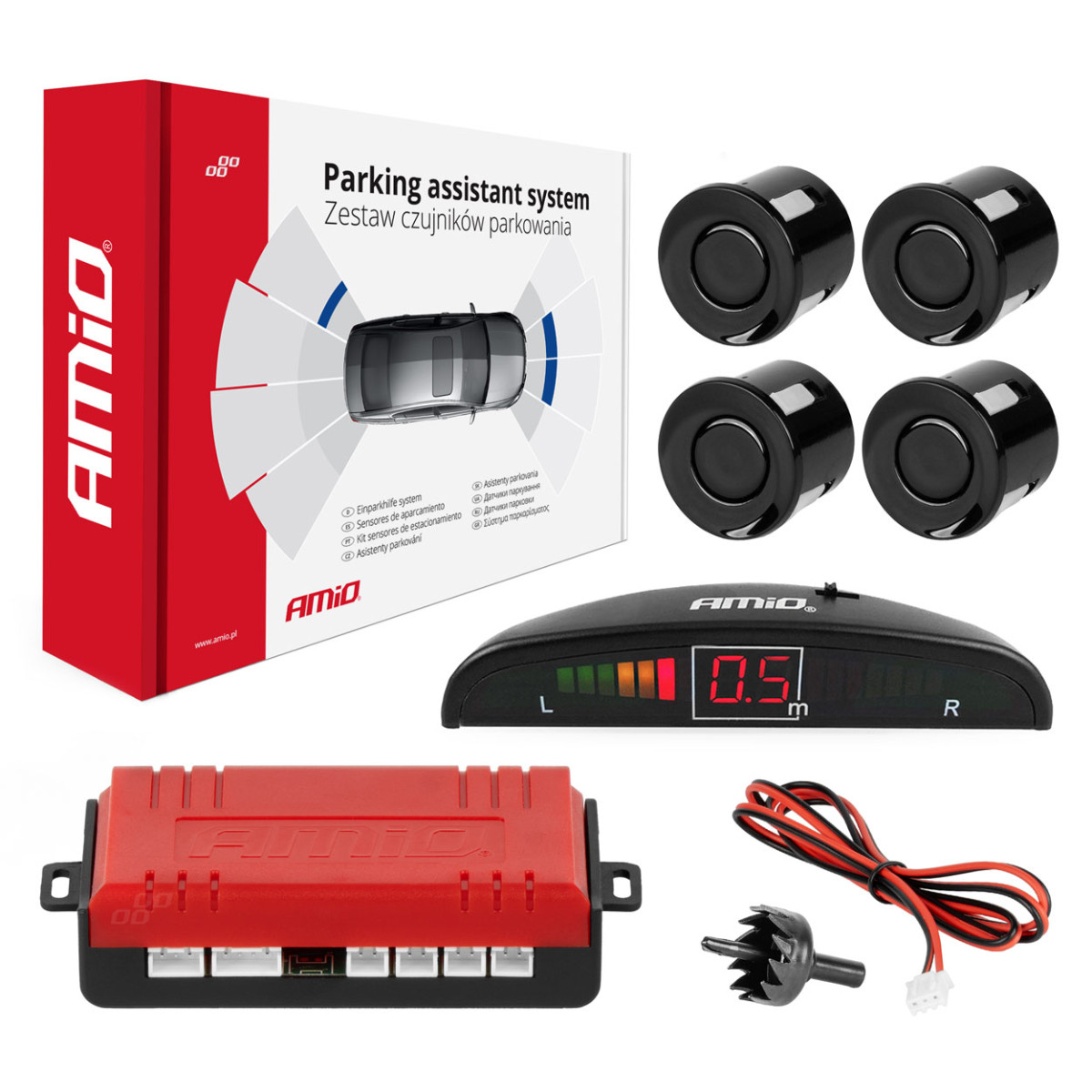 Parkavimo pagalbos sistema LED, 4 juodi jutikliai 22 mm AMIO-01565