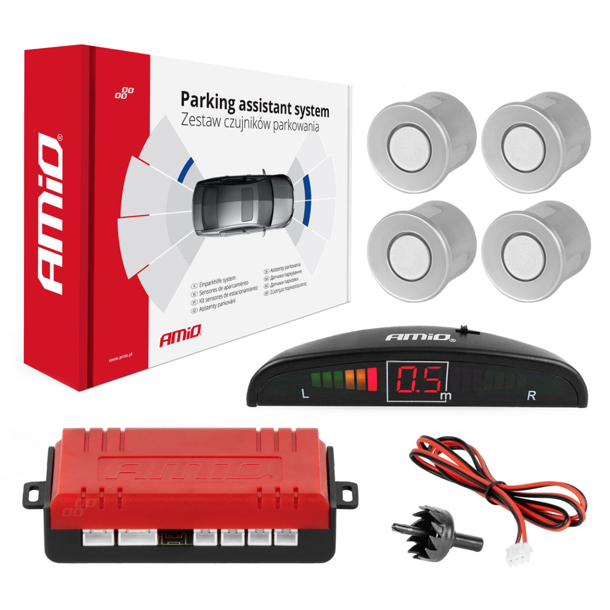 Parkavimo pagalbos sistema LED, 4 sidabro spalvos jutikliai 22 cm AMIO-01564