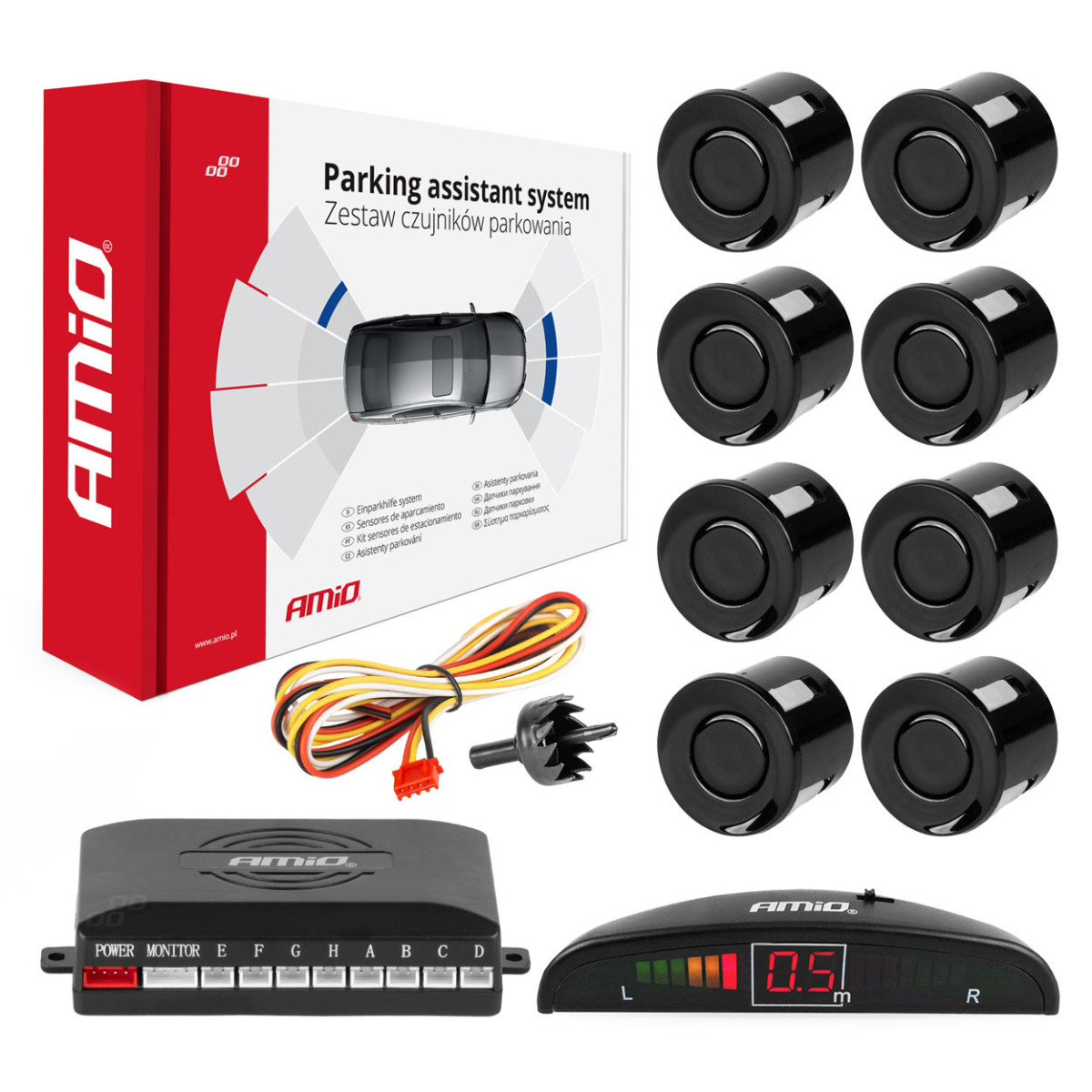 Parkavimo pagalbos sistema LED, 8 juodi jutikliai 22 cm AMIO-01560