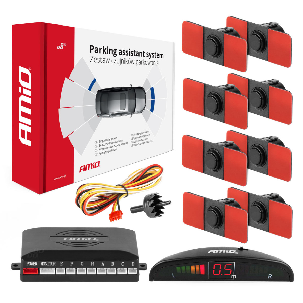 Parkavimo pagalbos sistema LED, 8 juodi jutikliai, vidinis montavimas 16,5 mm AMIO-02256