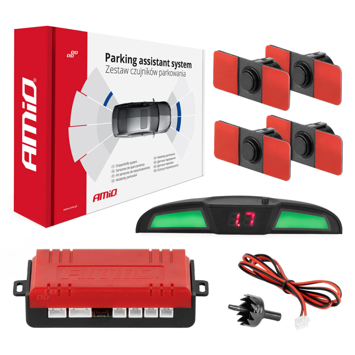Parkavimo pagalbos sistema LED COB, 4 juodi jutikliai, vidinis montavimas 16,5 mm AMIO-02285