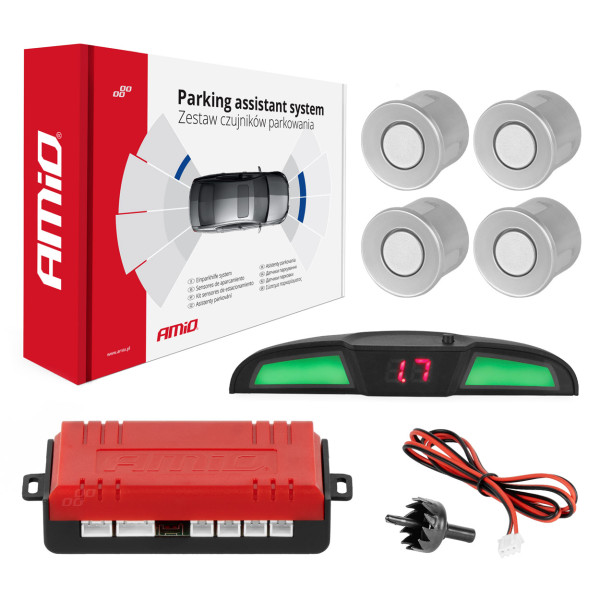 Parkavimo pagalbos sistema LED COB, 4 sidabro spalvos jutikliai 22 mm AMIO-02282
