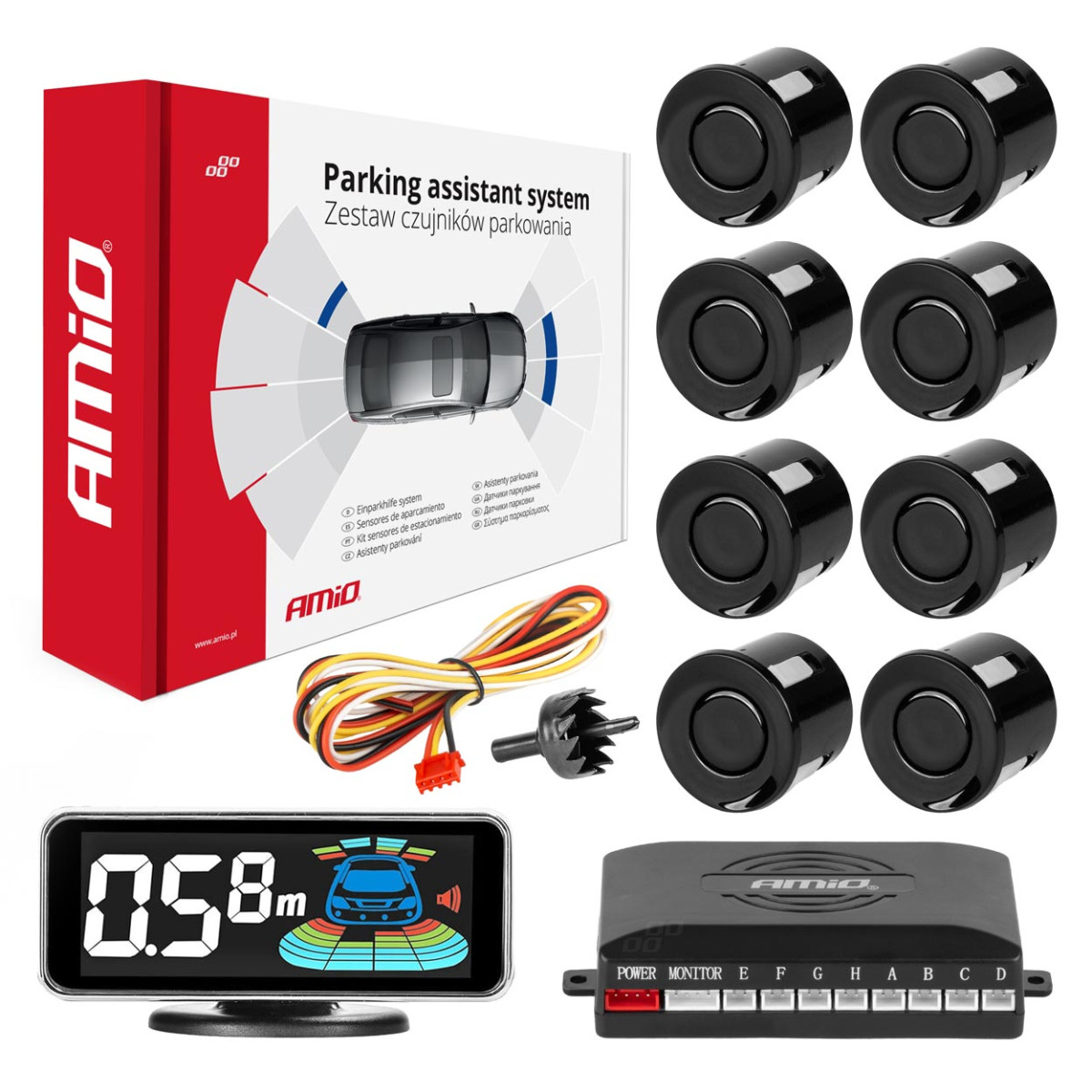 Parkavimo pagalbos sistema LED-GRAF 3D, 8 juodi jutikliai 21,5 mm AMIO-03191