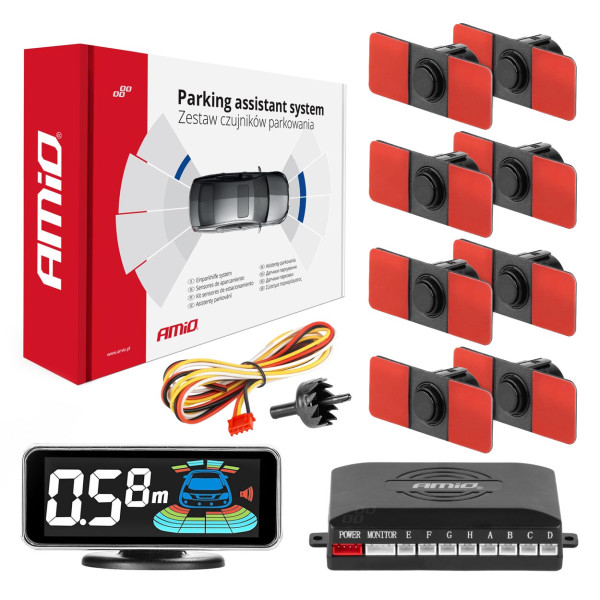 Parkavimo pagalbos sistema LED-GRAF 3D, 8 juodi jutikliai, vidinis montavimas 16,5 mm AMIO-03196