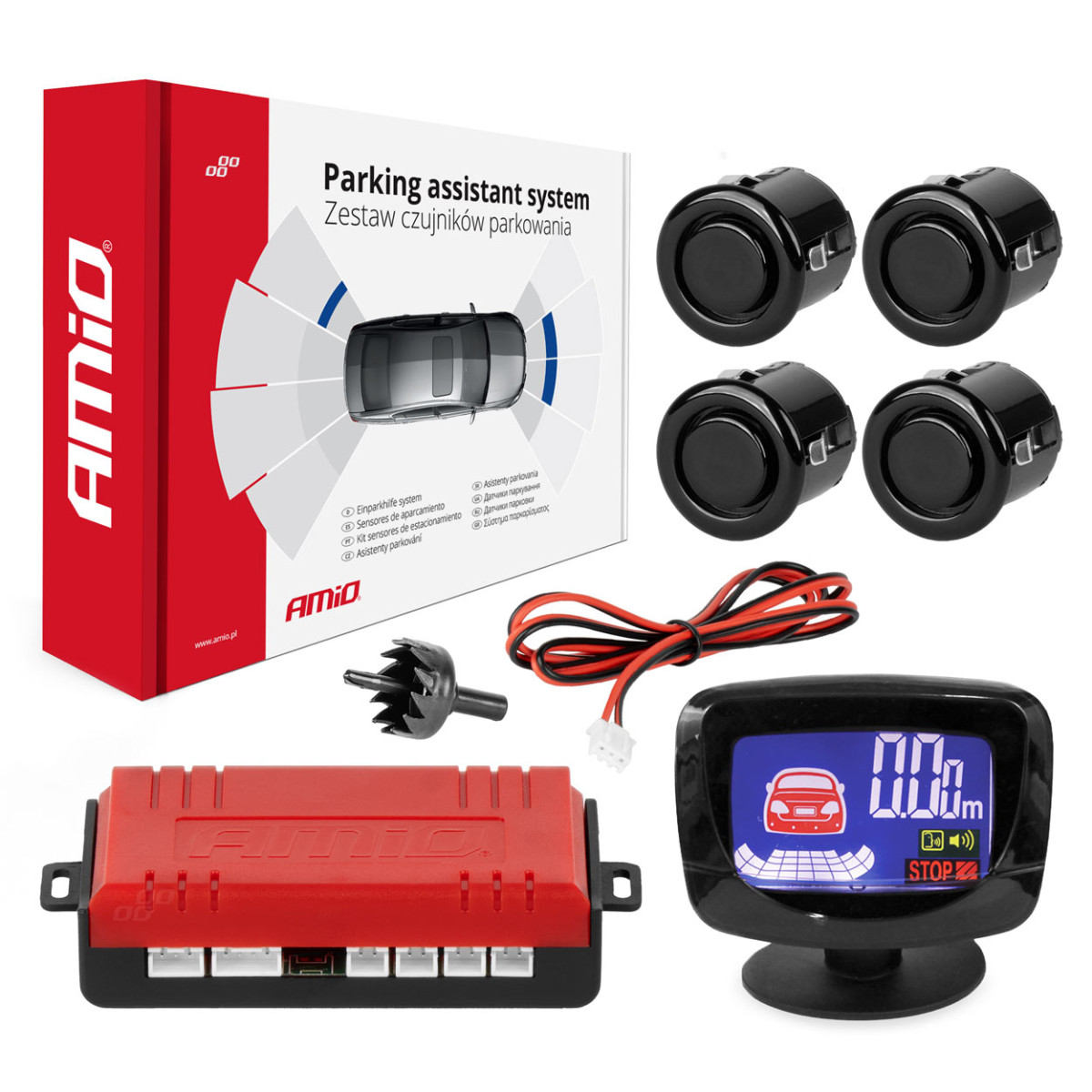 Parkavimo pagalbos sistema LED-GRAF, 4 juodi jutikliai GOLD 18 mm AMIO-01578