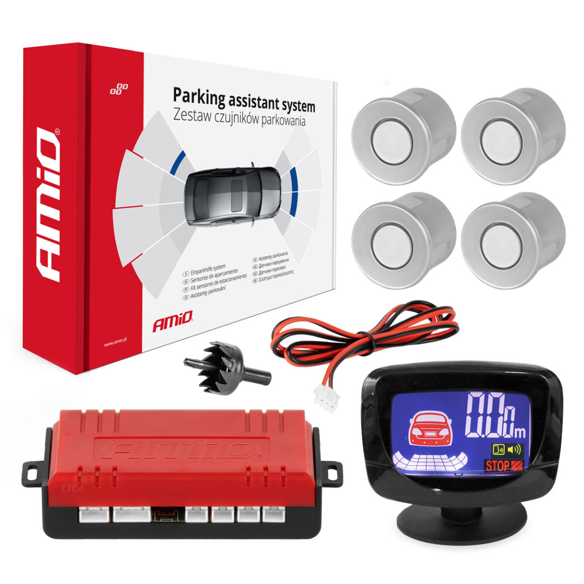 Parkavimo pagalbos sistema LED-GRAF, 4 sidabro spalvos jutikliai 22 mm AMIO-01561