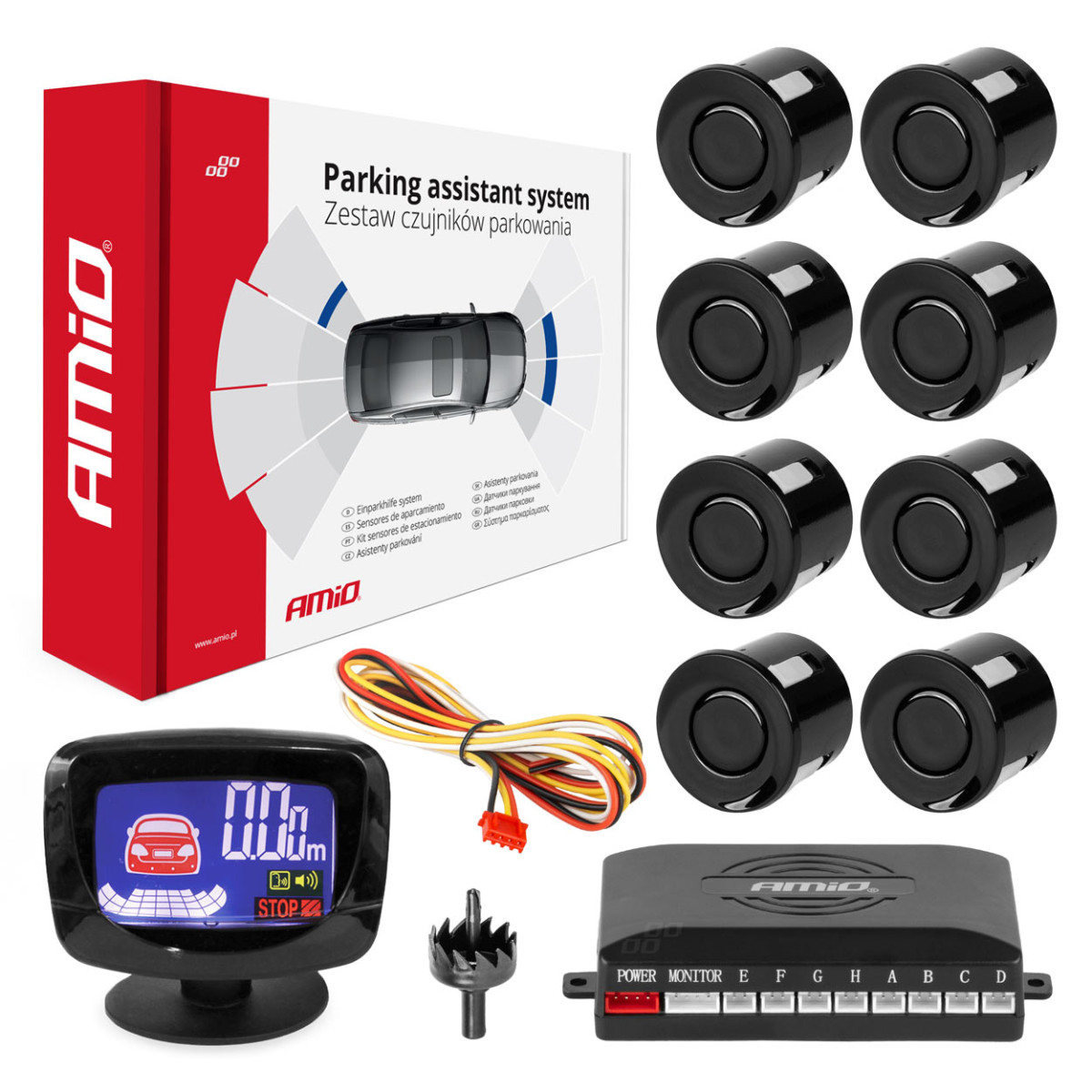 Parkavimo pagalbos sistema LED-GRAF, 8 juodi jutikliai 22 mm AMIO-01559