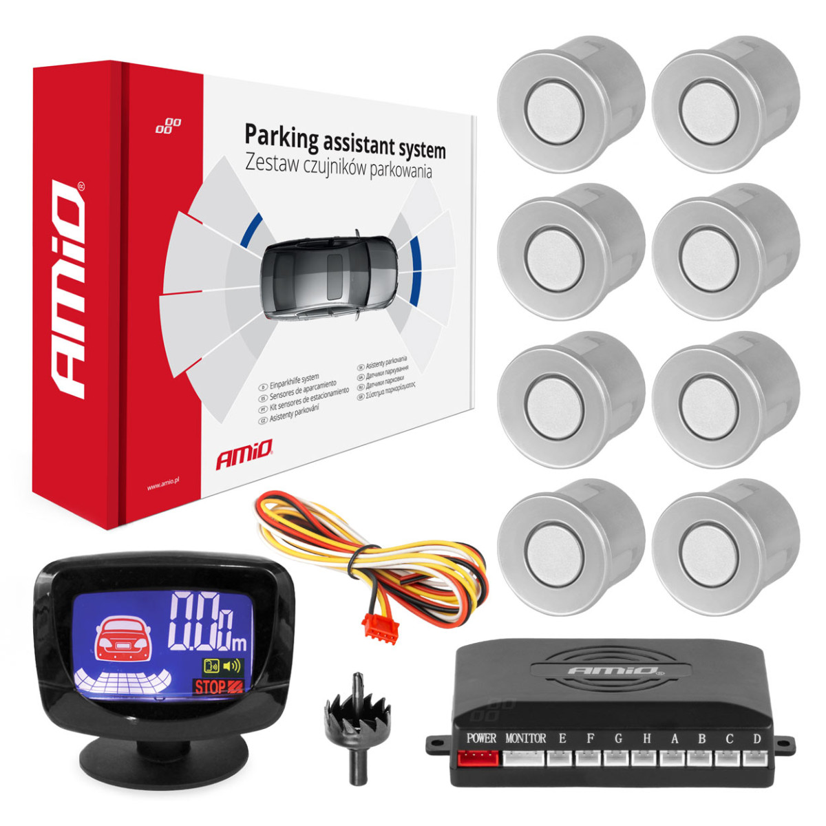 Parkavimo jutiklių rinkinys LED-GRAF, 8 sidabro spalvos jutikliai 22 mm AMIO-01597