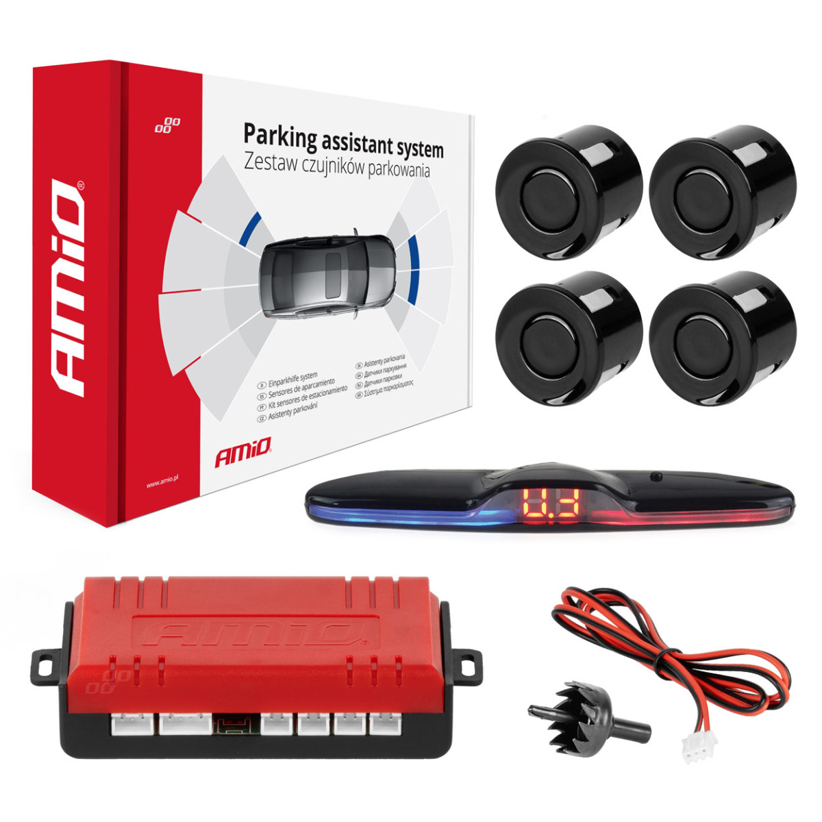 Parkavimo pagalbos sistema MAX LED, 4 juodi jutikliai 22 mm AMIO-02287