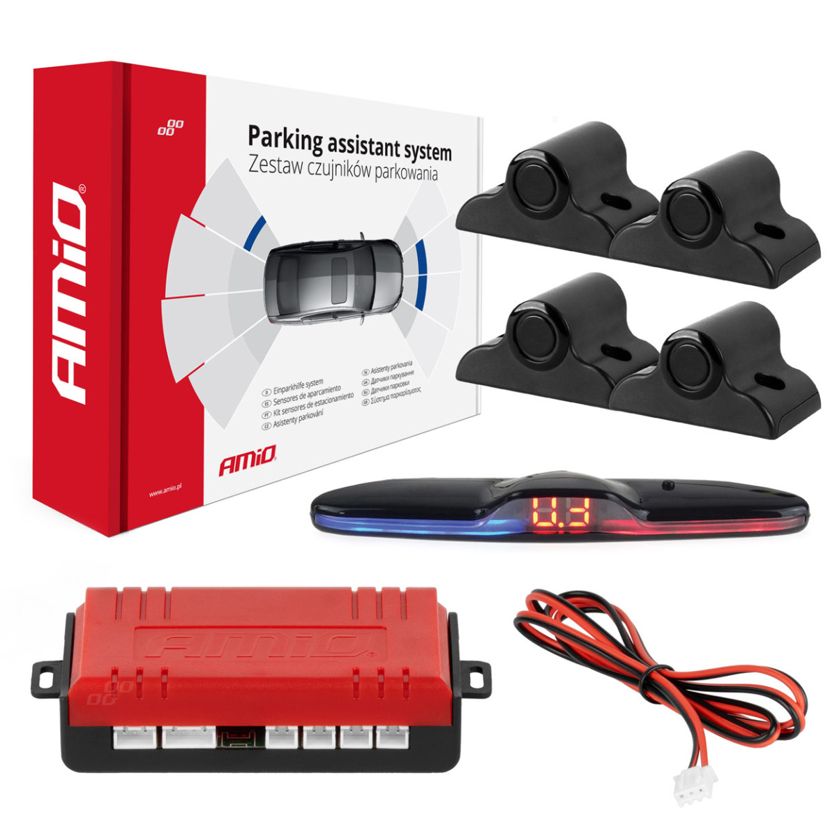 Parkavimo pagalbos sistema MAX LED, 4 juodi jutikliai 19 mm, sunkvežimiams AMIO-02292