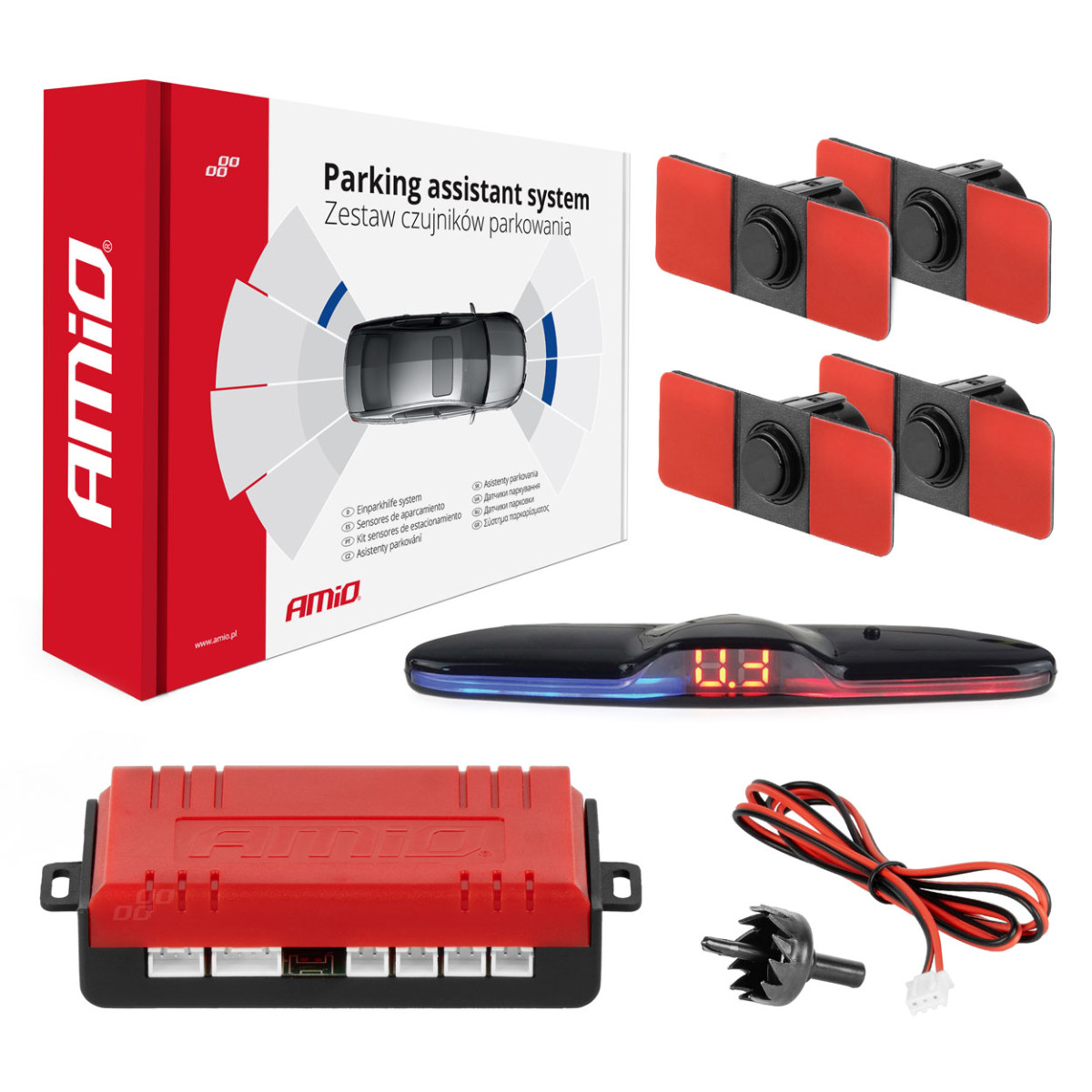 Parkavimo pagalbos sistema MAX LED, 4 juodi jutikliai, vidinis montavimas 16,5 mm AMIO-02291