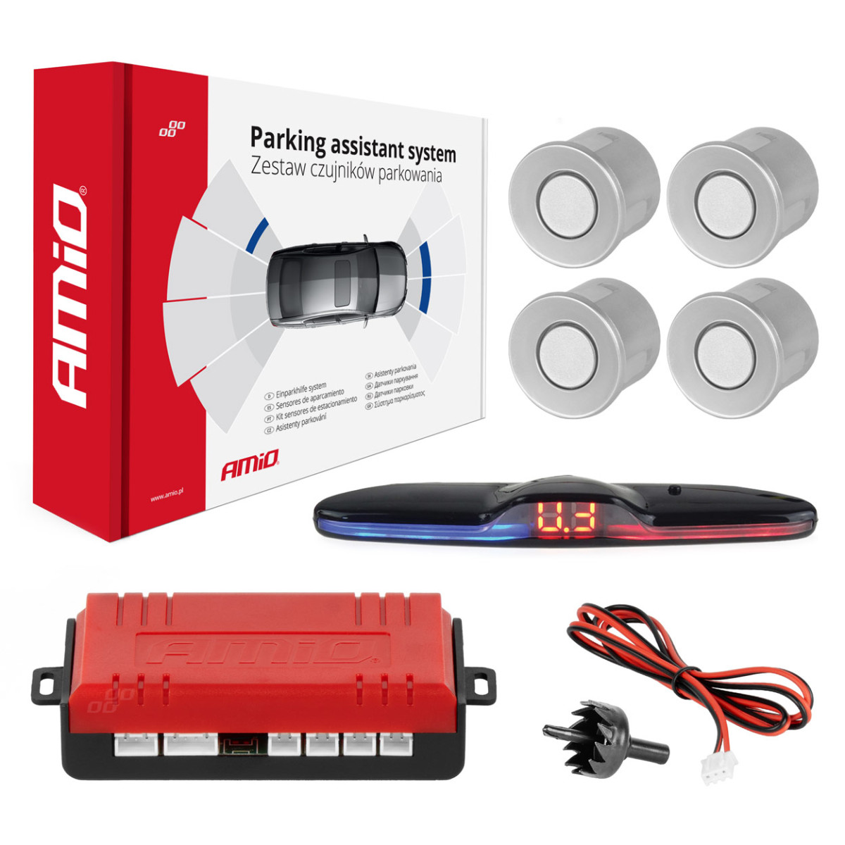 Parkavimo pagalbos sistema MAX LED, 4 sidabro spalvos jutikliai 22 mm AMIO-02288