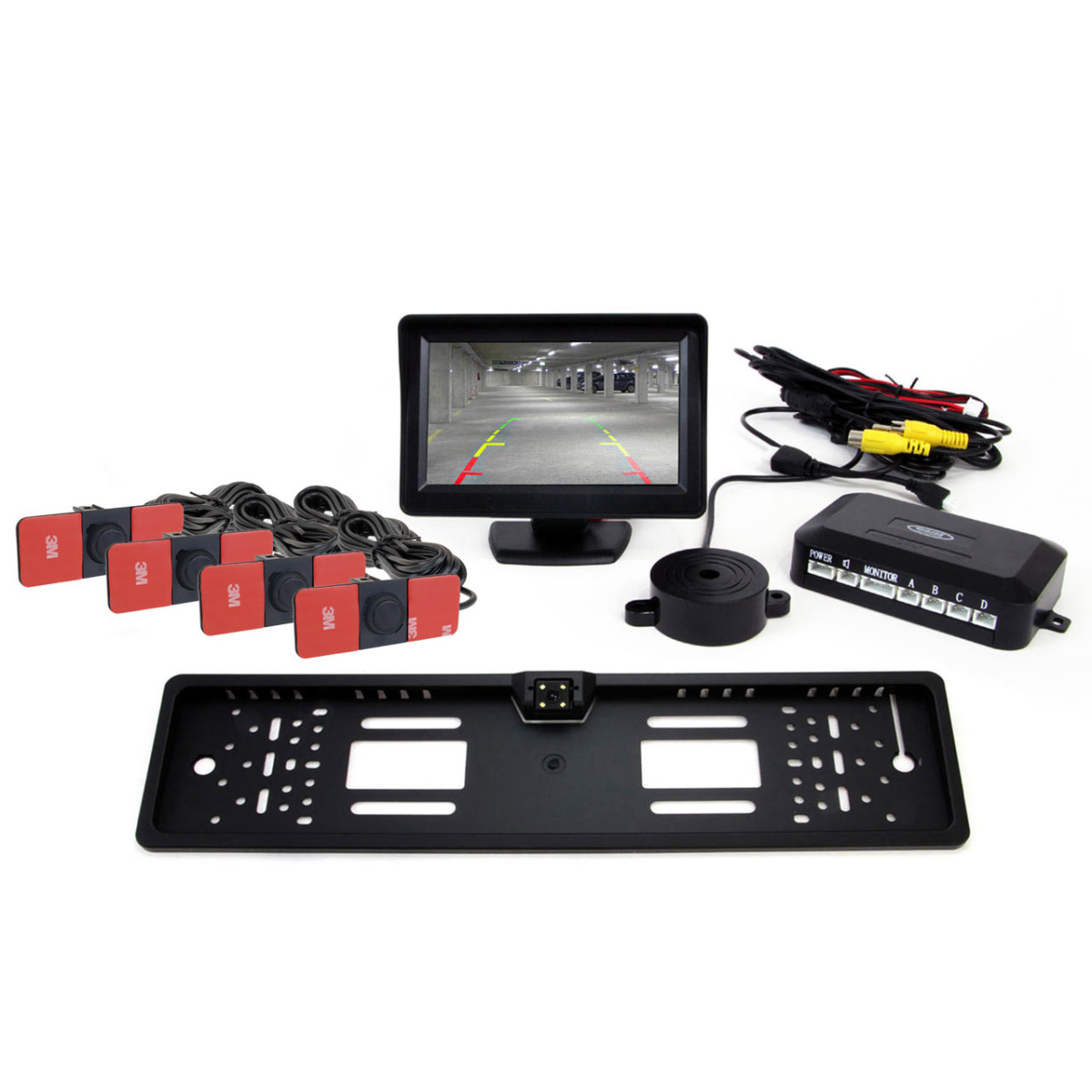 Parkavimo pagalbos sistema TFT01 4,3" su CAM-402 LED kamera, 4 juodi jutikliai, vidinis montavimas