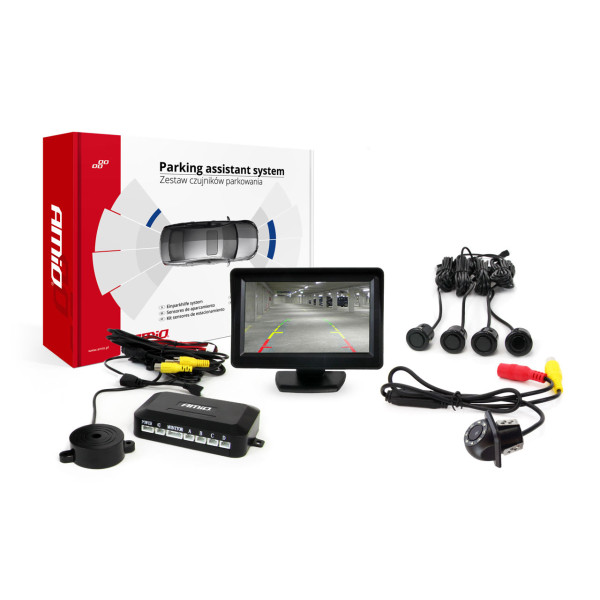 Parkavimo pagalbos sistema TFT01 4,3" su HD-305 LED kamera, 4 juodi jutikliai GOLD 28 mm