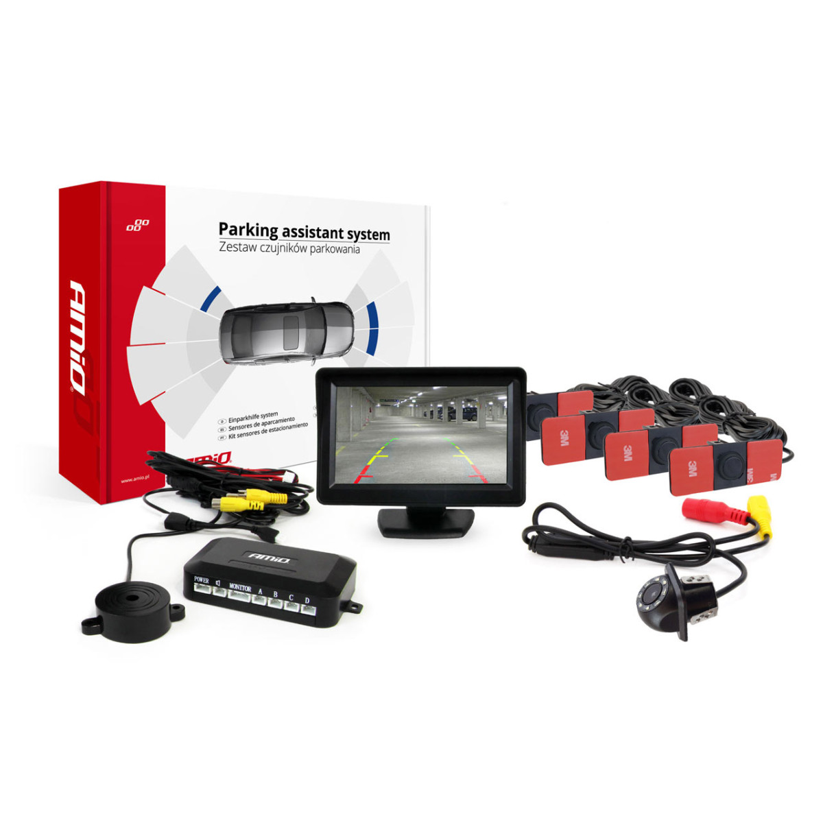 Parkavimo pagalbos sistema TFT01 4,3" su HD-305 LED kamera, 4 juodi jutikliai 28 mm, vidinis montavimas