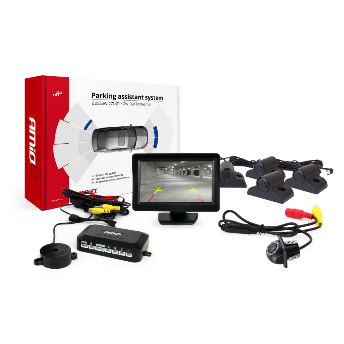 Parkavimo pagalbos sistema TFT01 4,3" su HD-305-LED kamera, 4 juodi jutikliai, sunkvežimiams