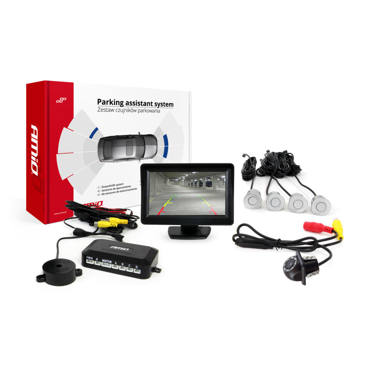 Parkavimo pagalbos sistema TFT01 4,3" su HD-305 LED kamera, 4 sidabro spalvos jutikliai 28 mm