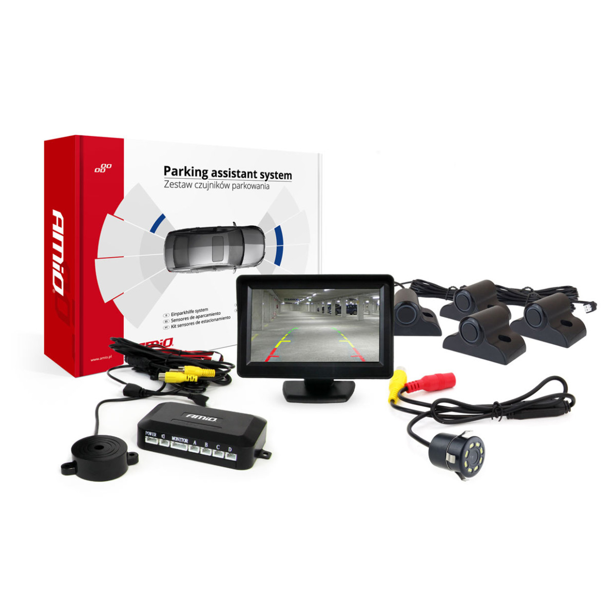 Parkavimo pagalbos sistema TFT01 4,3" su HD-308-LED kamera, 4 juodi jutikliai, sunkvežimiams