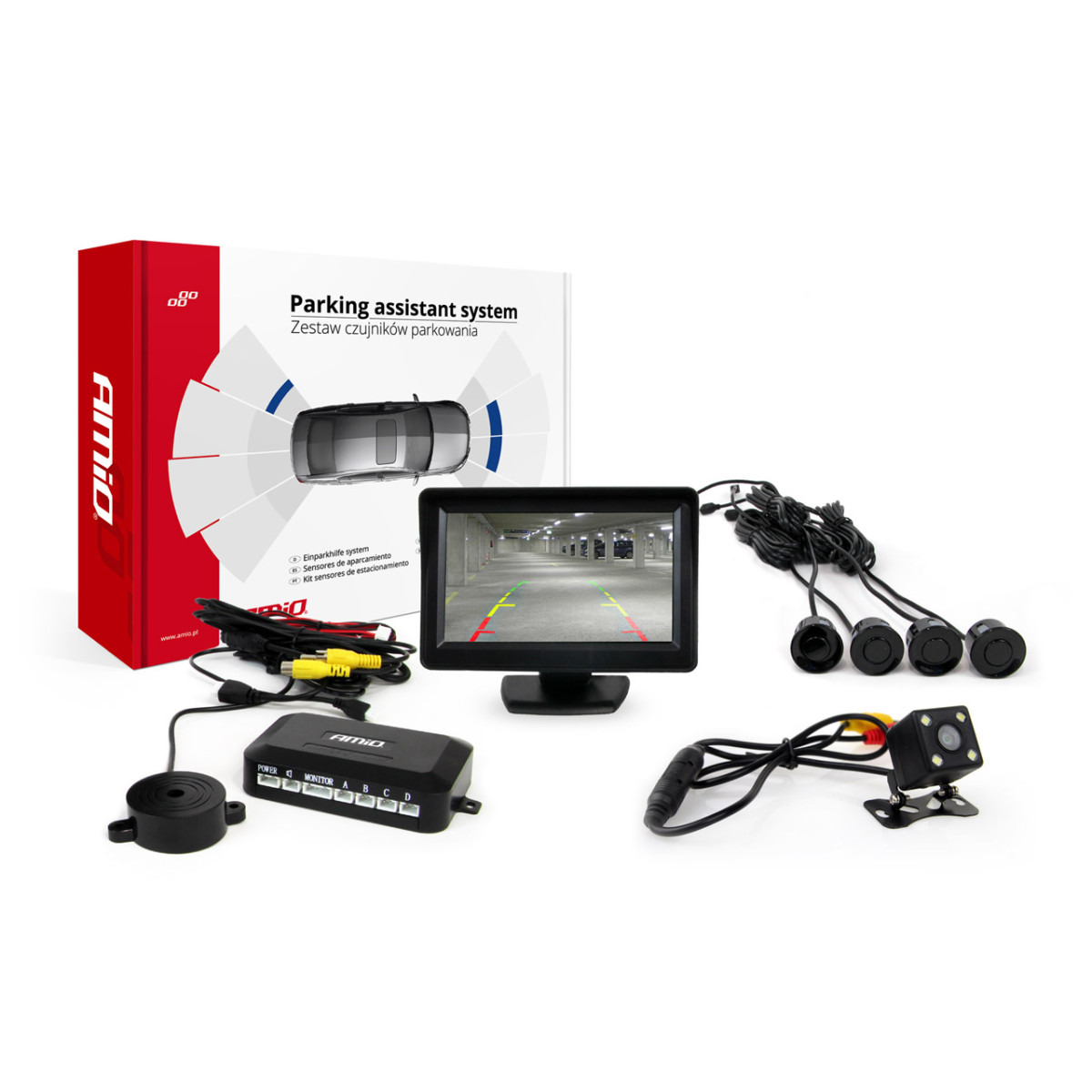 Parkavimo pagalbos sistema TFT01 4,3" su HD 315 LED kamera, 4 juodi jutikliai 22 mm