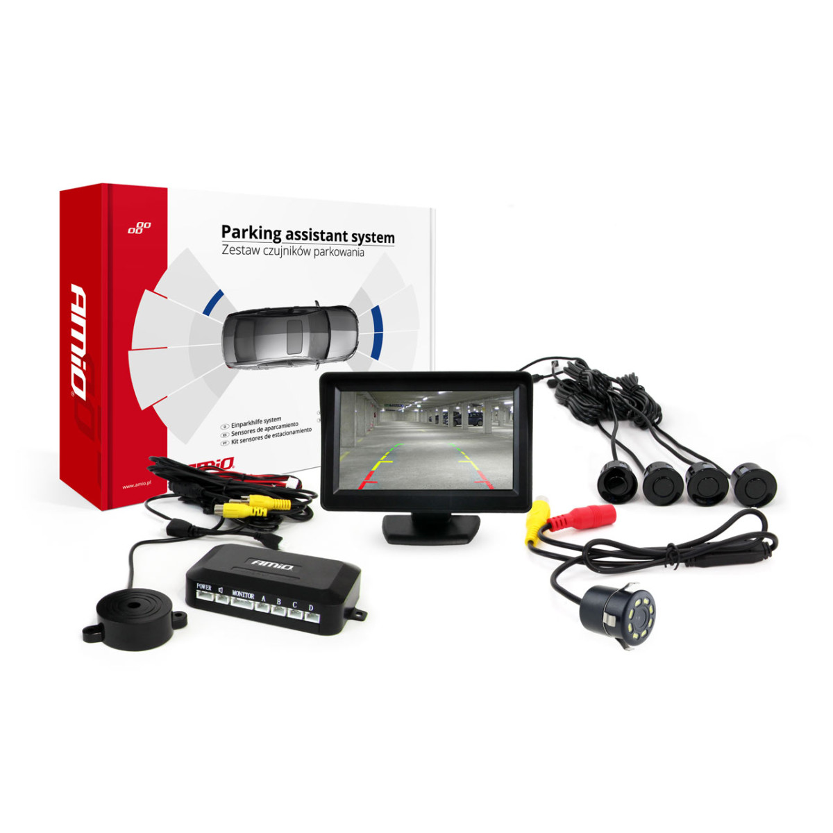 Parkavimo jutiklių rinkinys TFT01 4,3" su HD 315 LED kamera, 4 juodi jutikliai 22 mm
