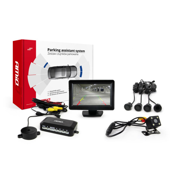 Parkavimo pagalbos sistema TFT01 4,3" su HD 315 LED kamera, 4 juodi jutikliai GOLD 18 mm