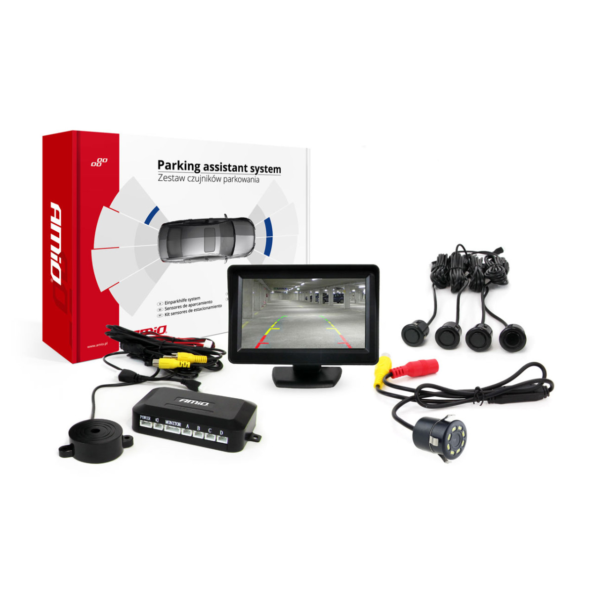 Parkavimo jutiklių rinkinys TFT01 4,3" su HD 315 LED kamera, 4 juodi jutikliai GOLD 18 mm