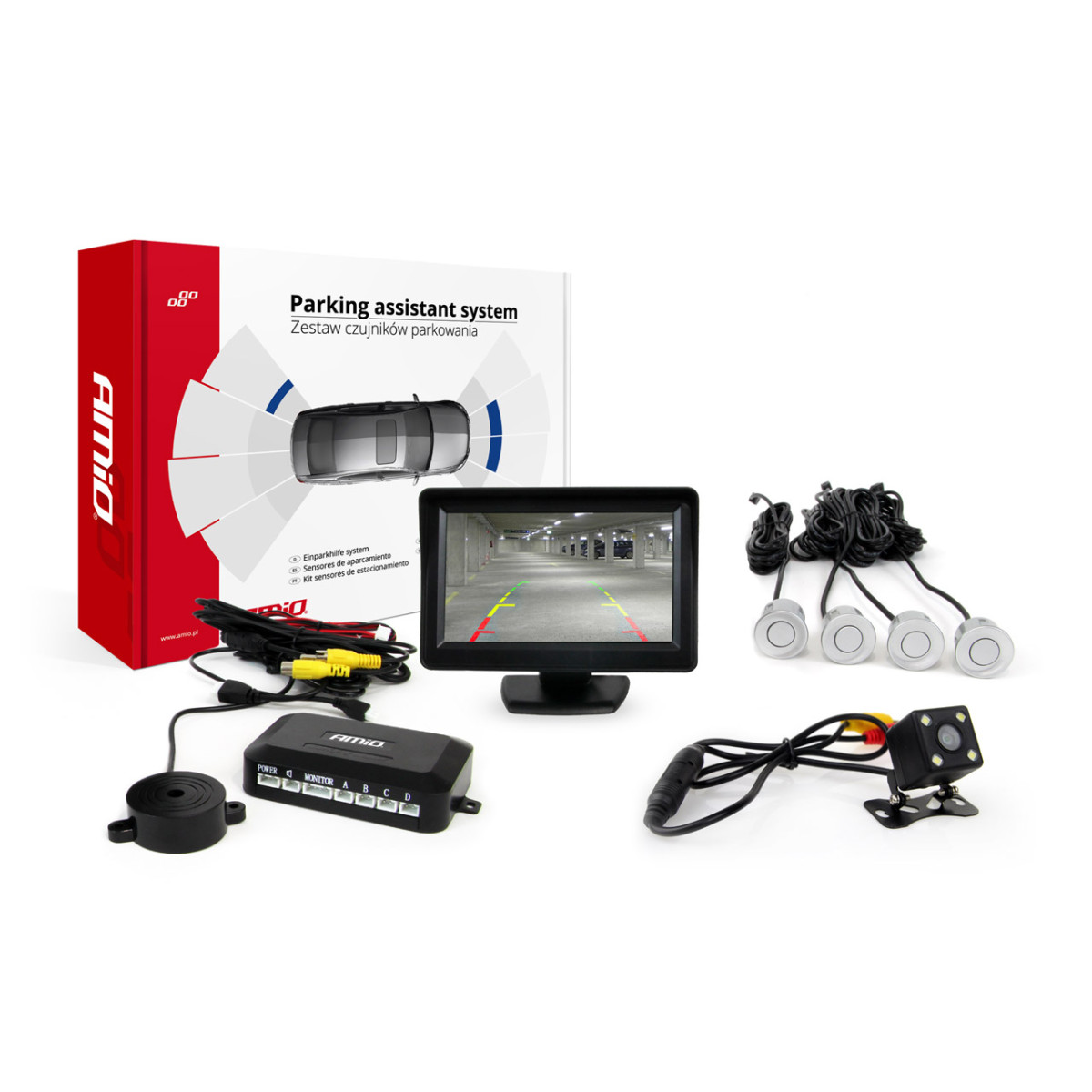 Parkavimo pagalbos sistema TFT01 4,3" su HD 315 LED kamera, 4 sidabro spalvos jutikliai 22 mm