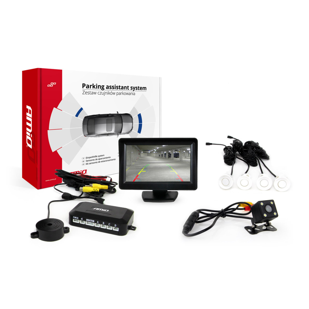 Parkavimo pagalbos sistema TFT01 4,3" su HD 315 LED kamera, 4 balti jutikliai 22 mm
