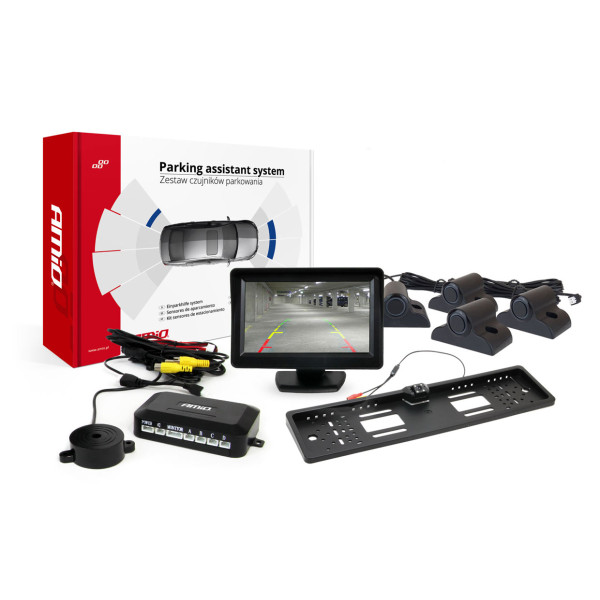 Parkavimo pagalbos sistema TFT01 4,3" su HD-402-LED kamera, 4 juodi jutikliai, sunkvežimiams